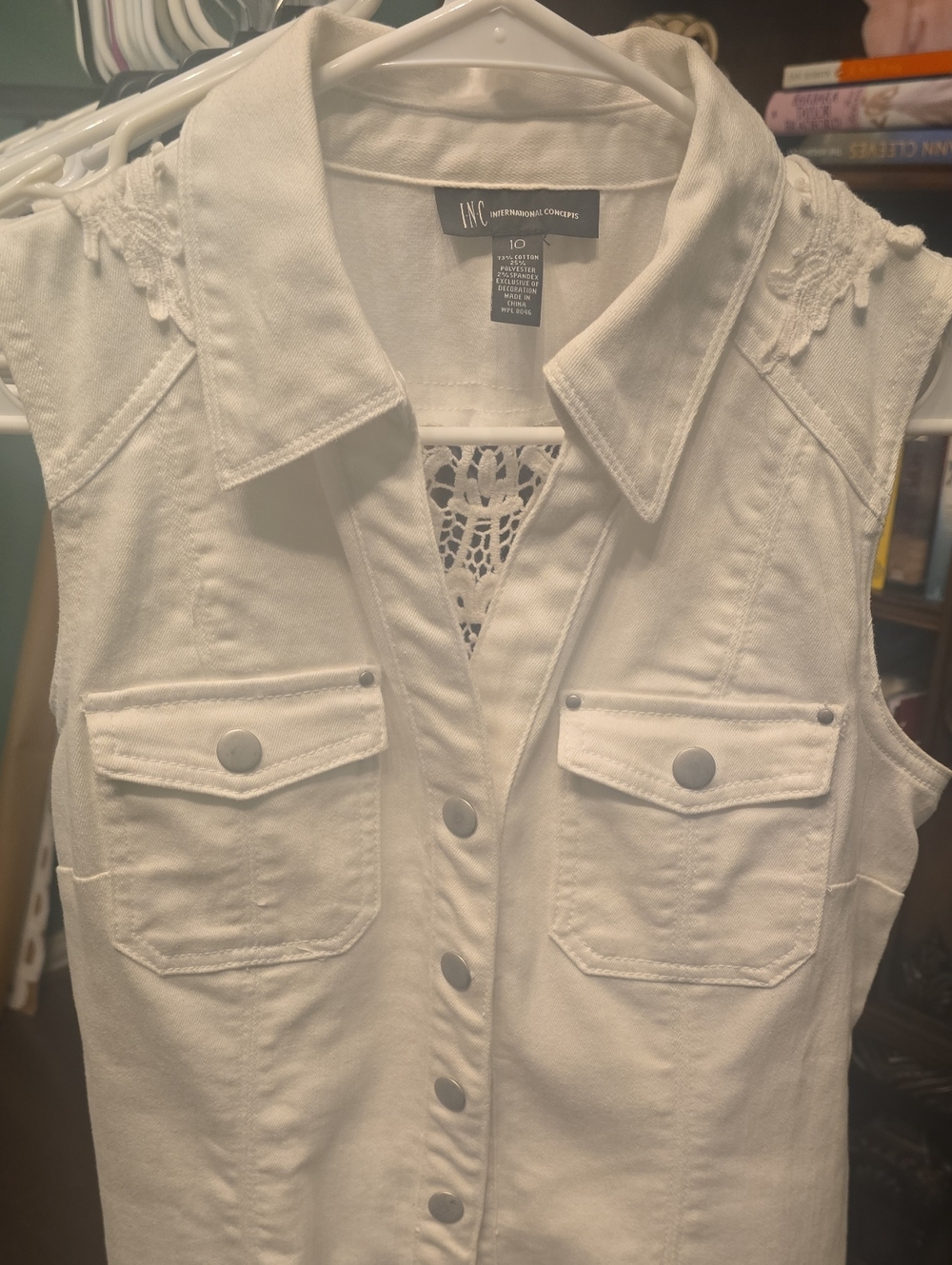 INC International Concepts White Sleeveless Button-Front Denim with Crochet Trim